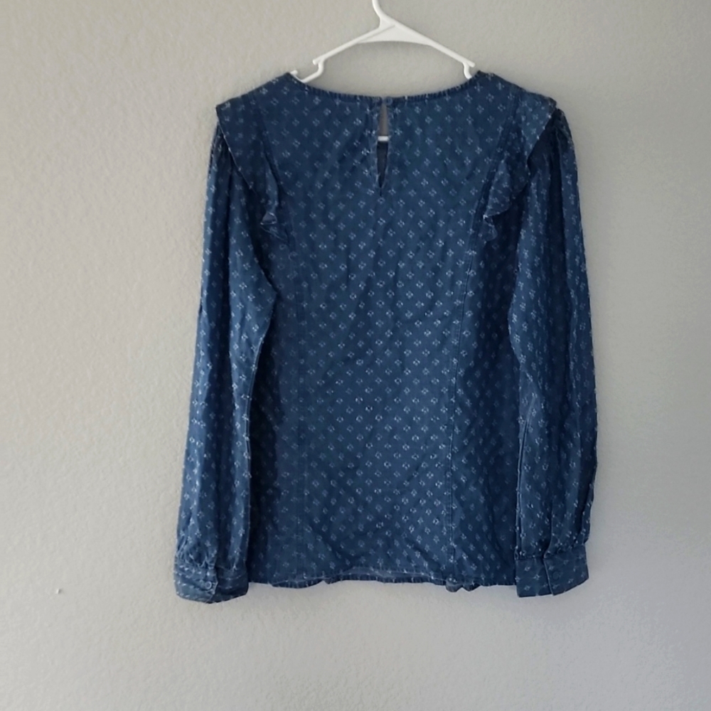 Liverpool blue chambray long-sleeved ruffle Swiss dot blouse - Picture 2 of 3